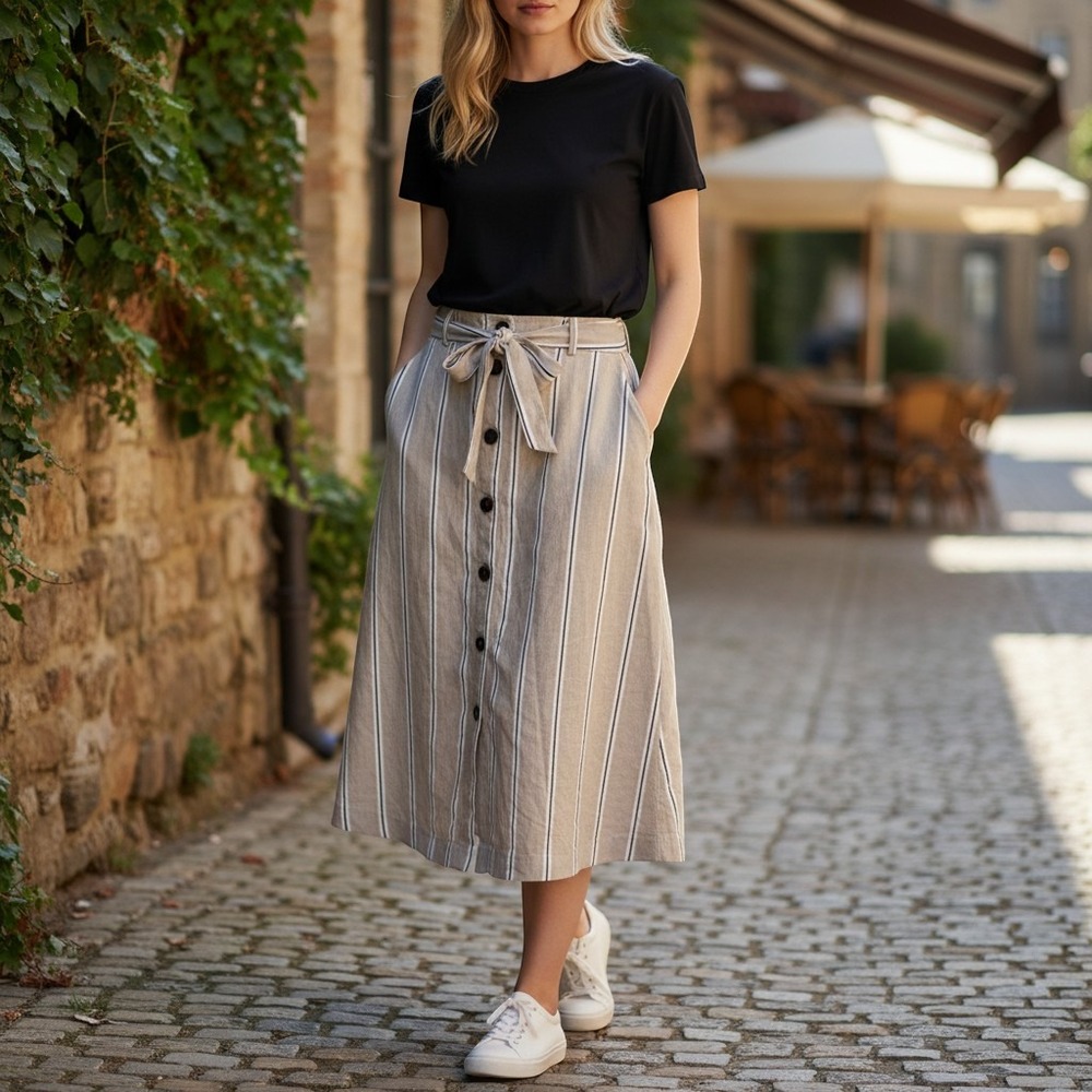Banana Republic Beige Striped Midi Skirt - Picture 1 of 4